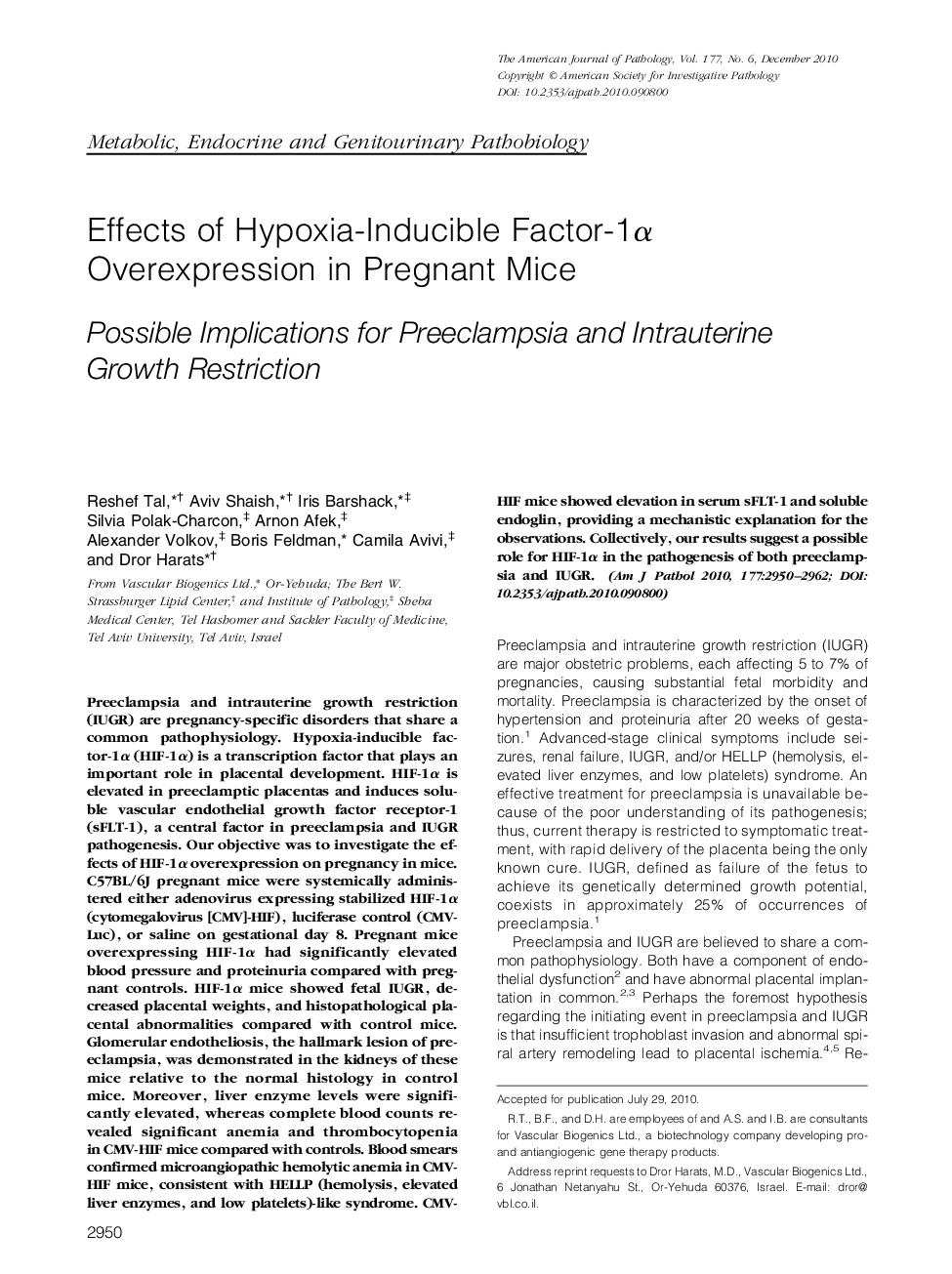 Effects of Hypoxia-Inducible Factor-1Î± Overexpression in Pregnant Mice