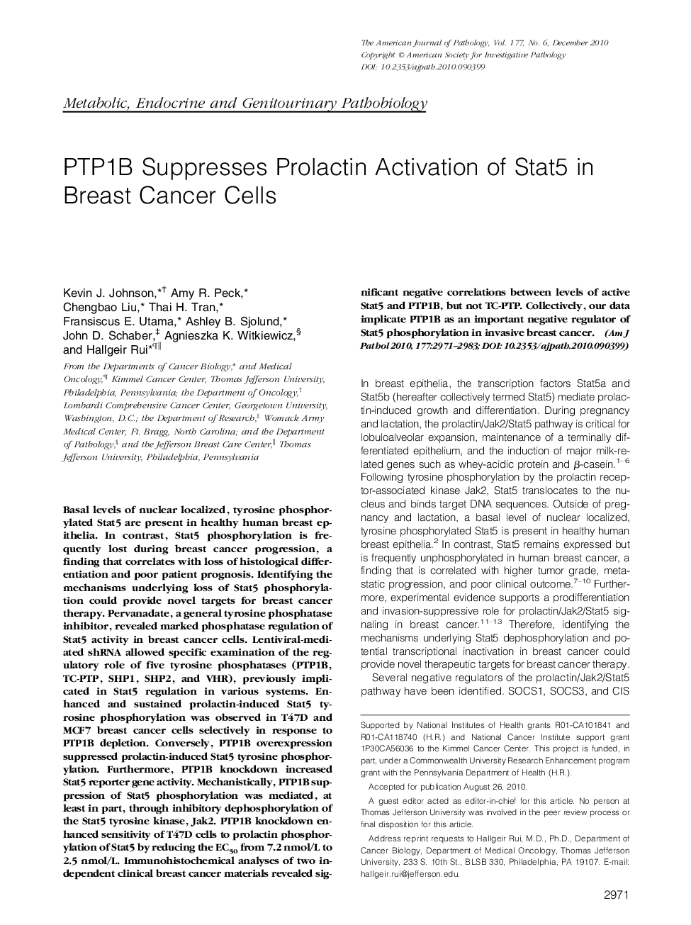 PTP1B Suppresses Prolactin Activation of Stat5 in Breast Cancer Cells