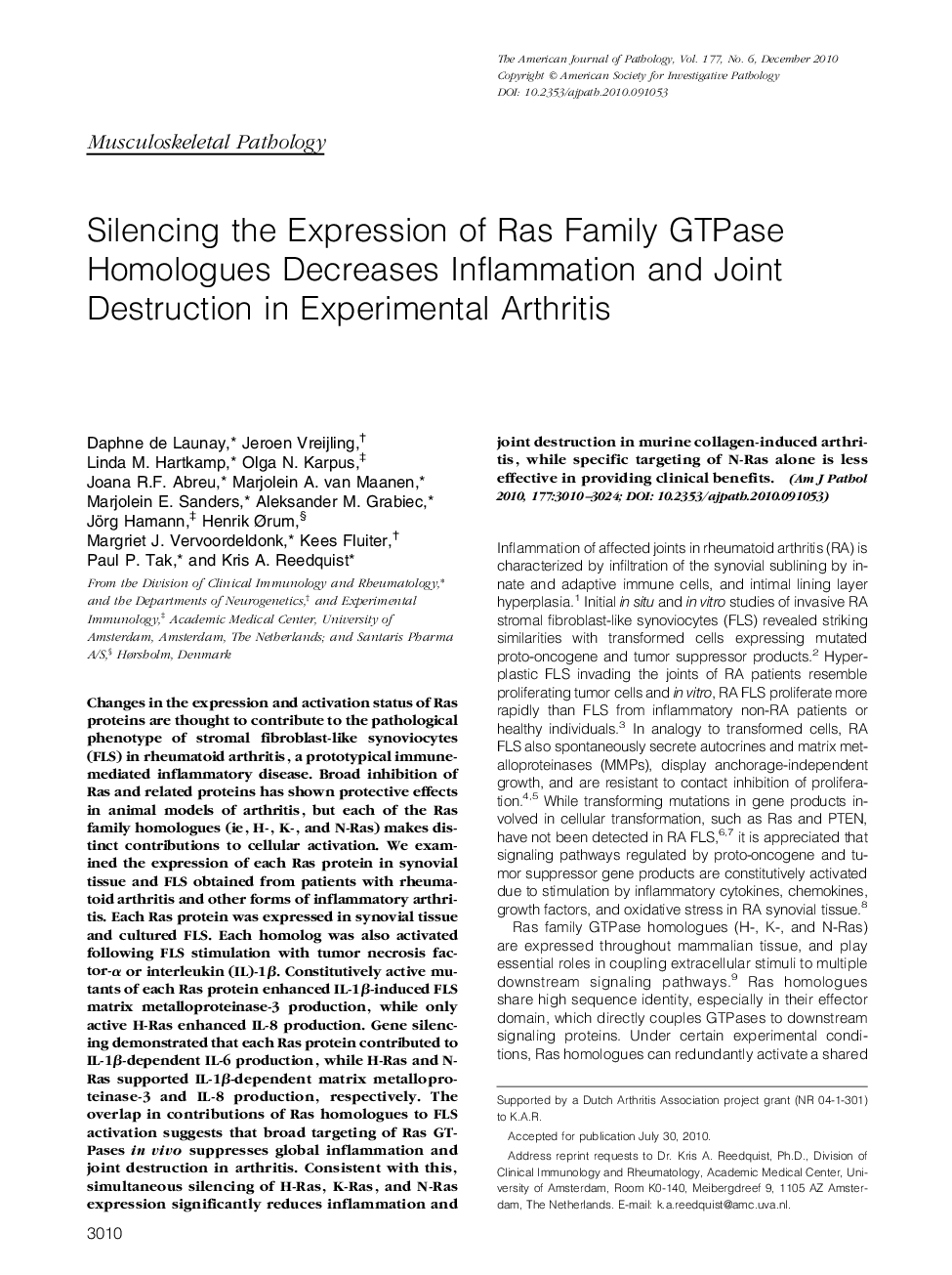 Silencing the Expression of Ras Family GTPase Homologues Decreases Inflammation and Joint Destruction in Experimental Arthritis