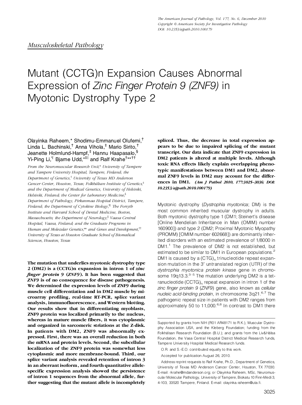 Regular ArticlesMutant (CCTG)n Expansion Causes Abnormal Expression of Zinc Finger Protein 9 (ZNF9) in Myotonic Dystrophy Type 2