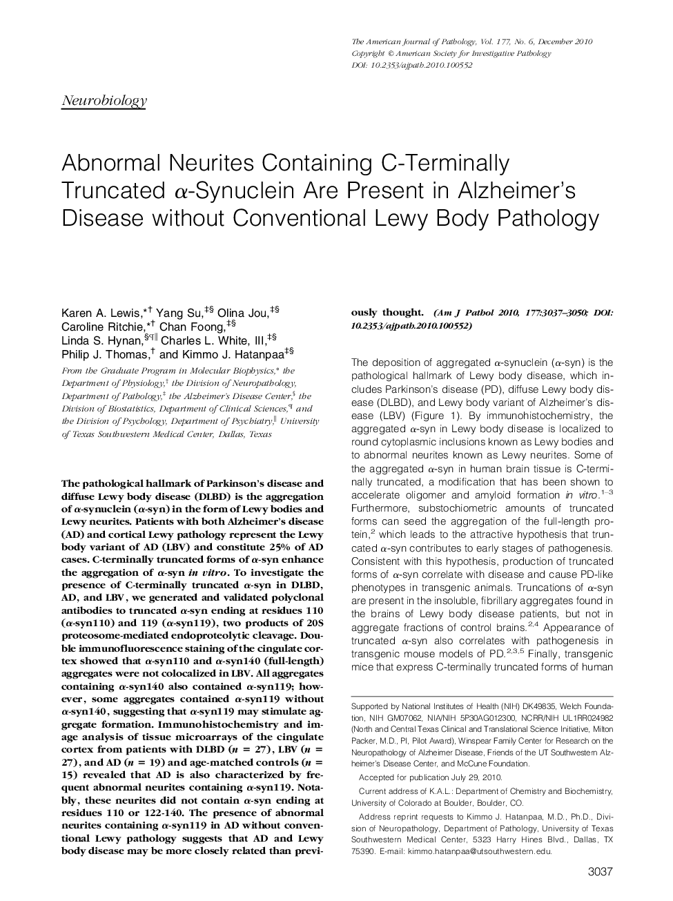 Abnormal Neurites Containing C-Terminally Truncated Î±-Synuclein Are Present in Alzheimer's Disease without Conventional Lewy Body Pathology