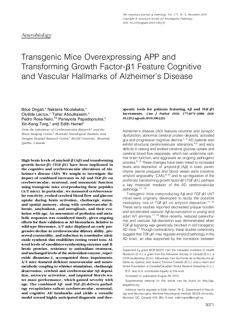 Transgenic Mice Overexpressing APP and Transforming Growth Factor-Î²1 Feature Cognitive and Vascular Hallmarks of Alzheimer's Disease
