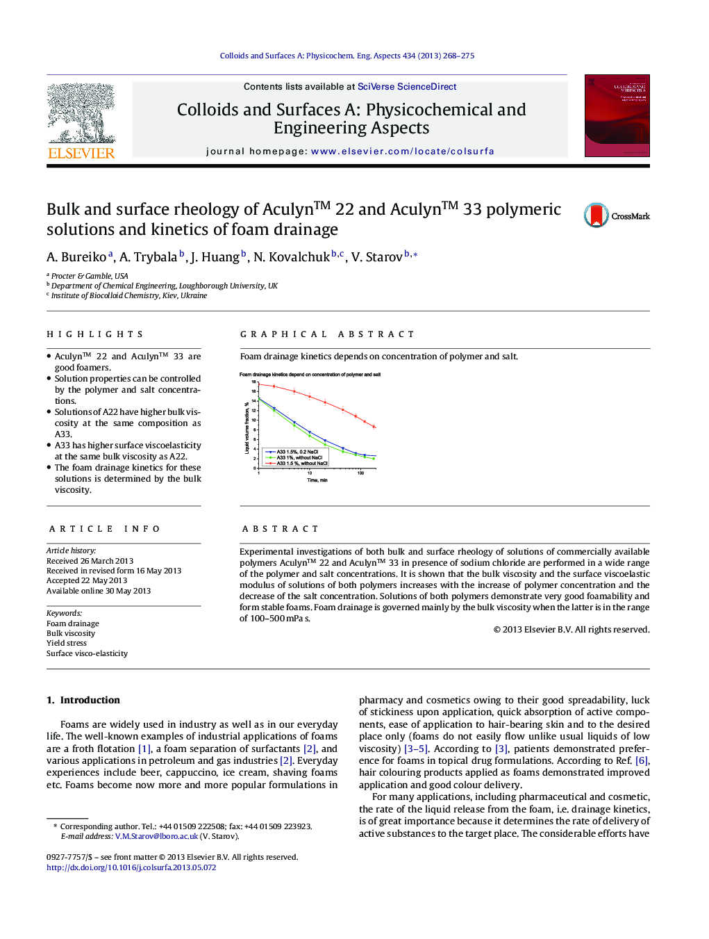 Bulk and surface rheology of Aculyn™ 22 and Aculyn™ 33 polymeric solutions and kinetics of foam drainage