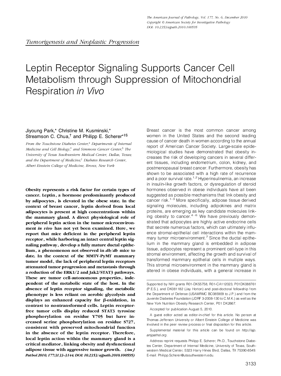 Leptin Receptor Signaling Supports Cancer Cell Metabolism through Suppression of Mitochondrial Respiration in Vivo