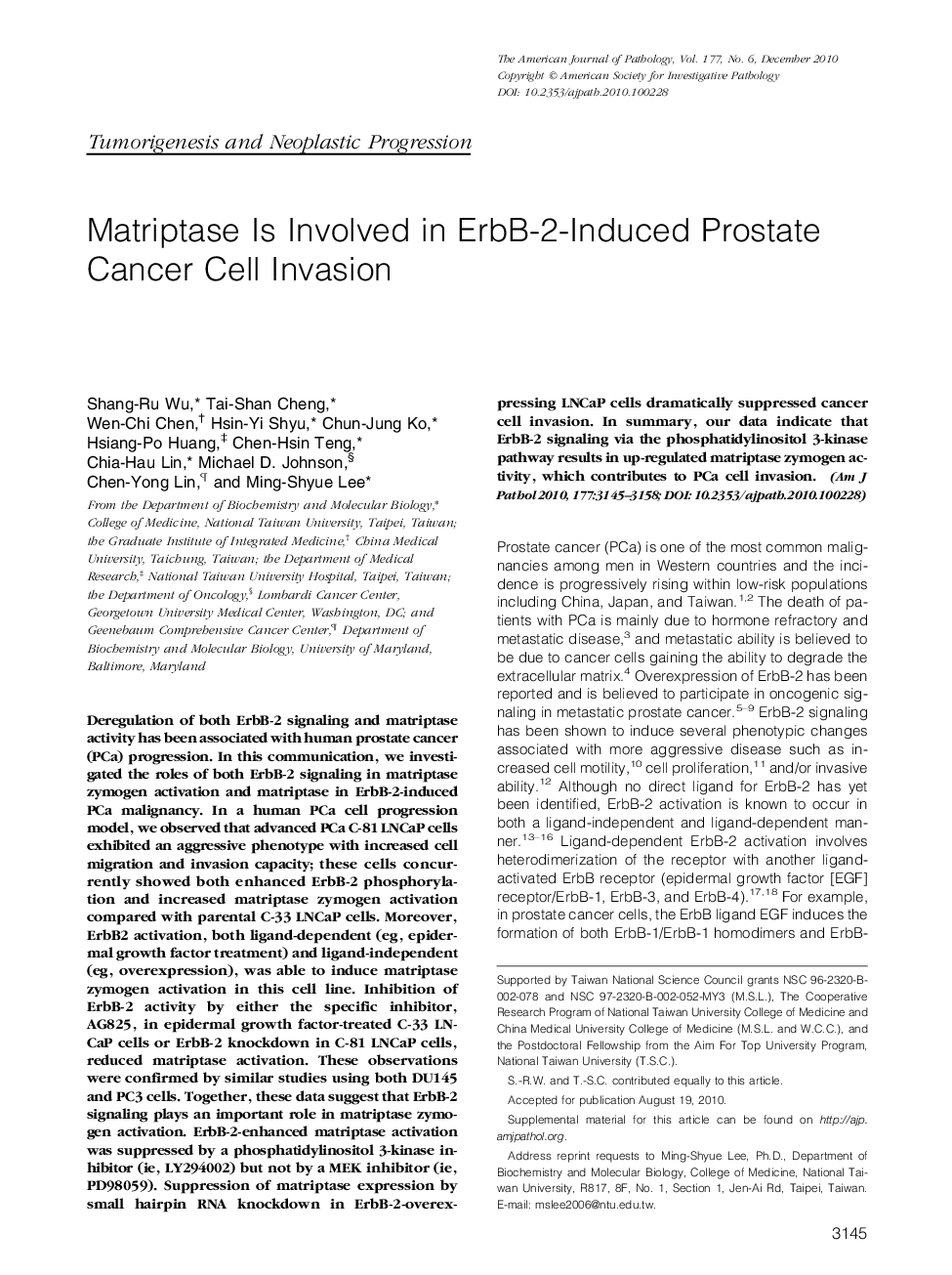 Matriptase Is Involved in ErbB-2-Induced Prostate Cancer Cell Invasion