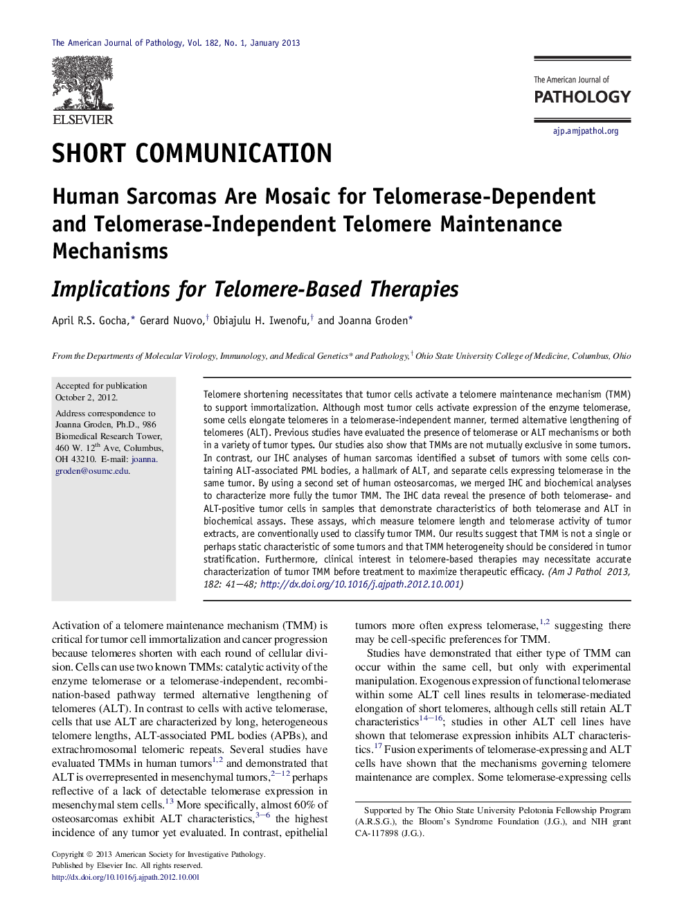 Human Sarcomas Are Mosaic for Telomerase-Dependent and Telomerase-Independent Telomere Maintenance Mechanisms: Implications for Telomere-Based Therapies