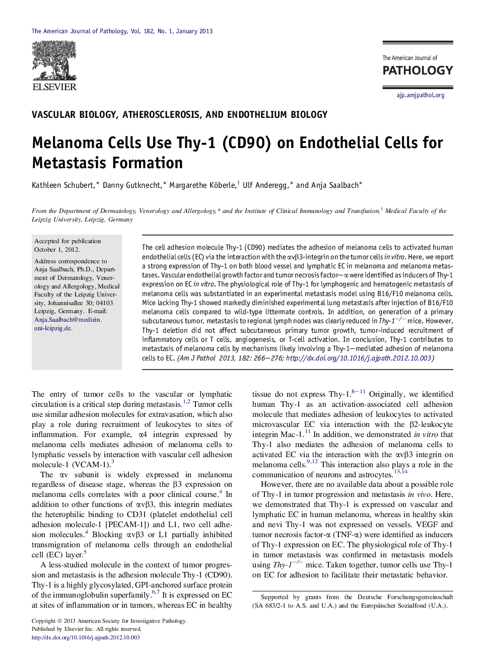Melanoma Cells Use Thy-1 (CD90) on Endothelial Cells for Metastasis Formation