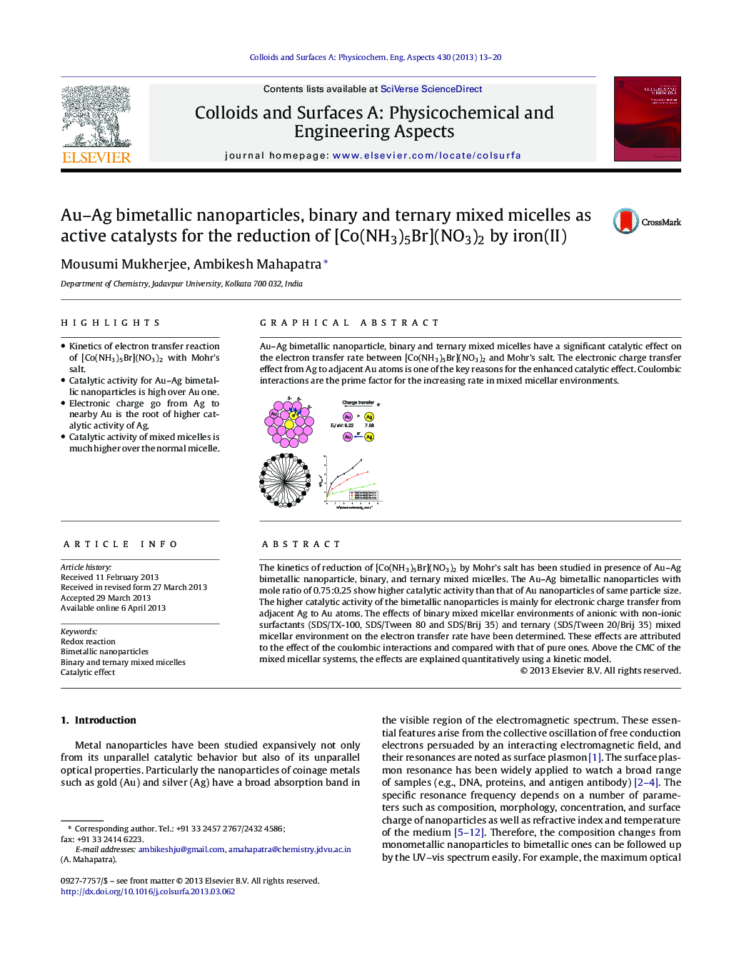 Au–Ag bimetallic nanoparticles, binary and ternary mixed micelles as active catalysts for the reduction of [Co(NH3)5Br](NO3)2 by iron(II)