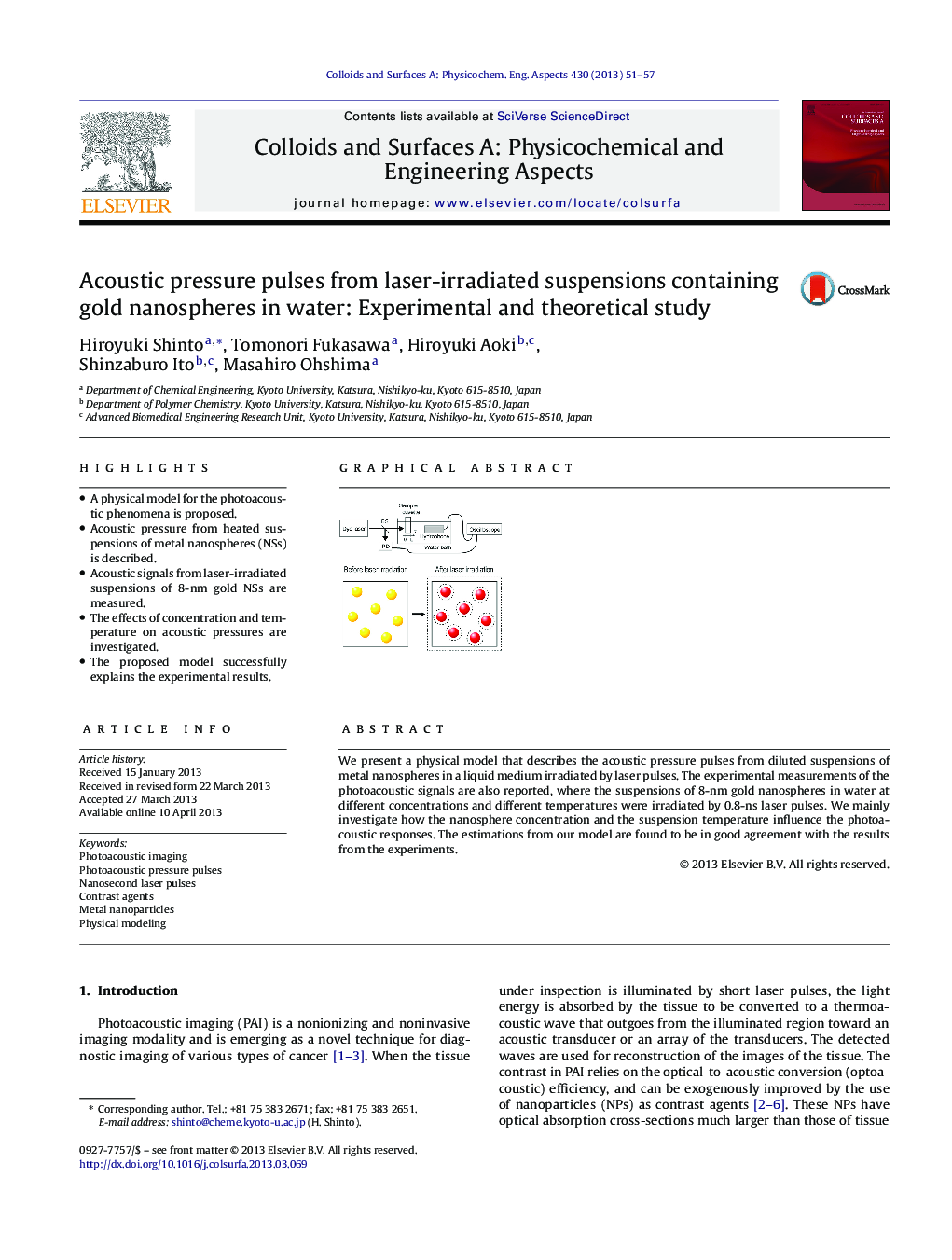 Acoustic pressure pulses from laser-irradiated suspensions containing gold nanospheres in water: Experimental and theoretical study