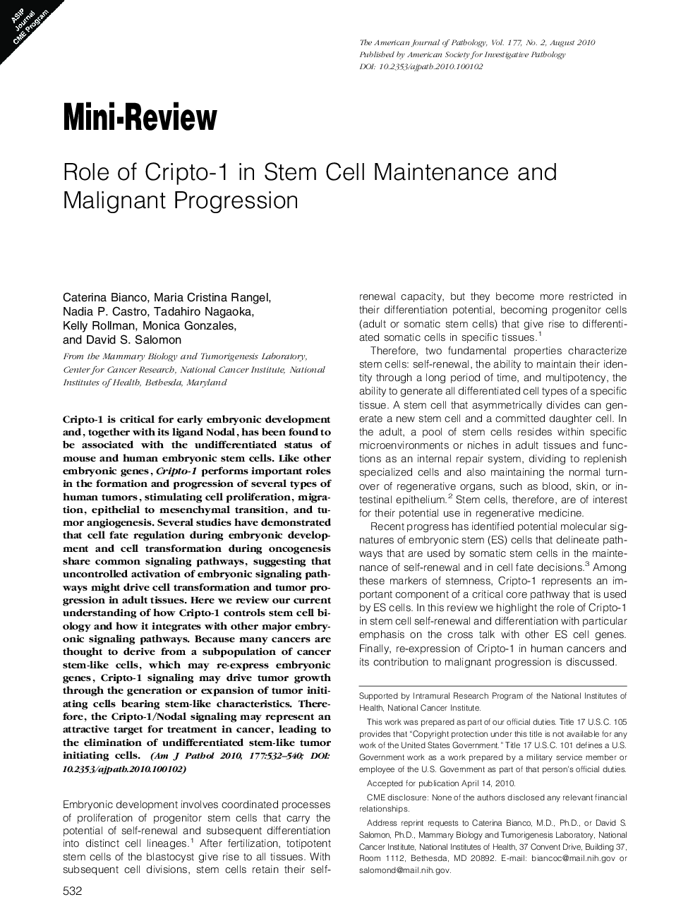 Mini-ReviewsRole of Cripto-1 in Stem Cell Maintenance and Malignant Progression