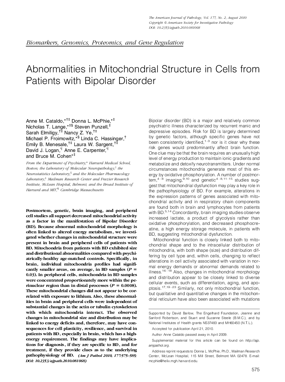 Regular ArticlesAbnormalities in Mitochondrial Structure in Cells from Patients with Bipolar Disorder