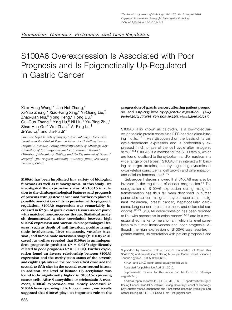 S100A6 Overexpression Is Associated with Poor Prognosis and Is Epigenetically Up-Regulated in Gastric Cancer