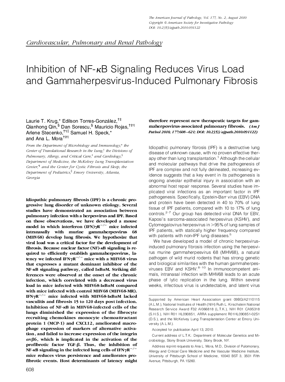 Inhibition of NF-ÎºB Signaling Reduces Virus Load and Gammaherpesvirus-Induced Pulmonary Fibrosis