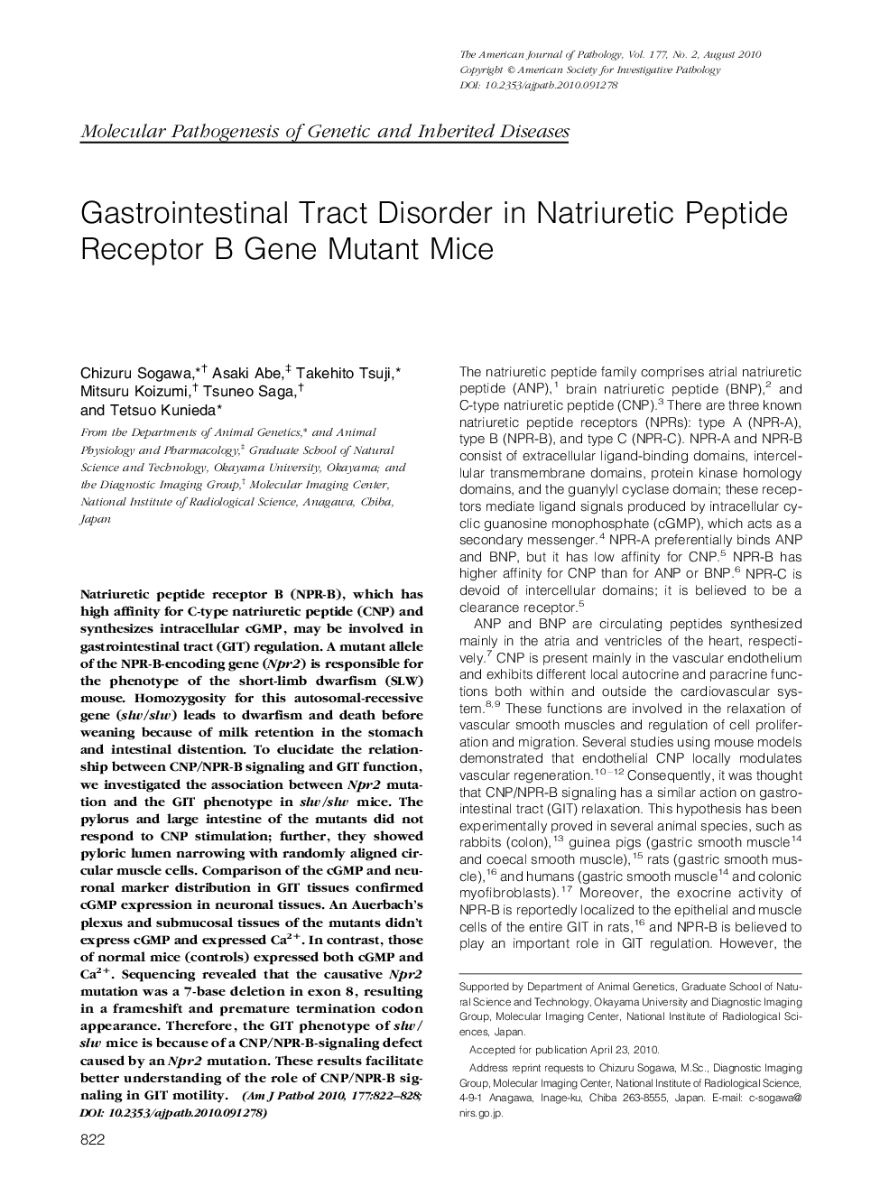 Gastrointestinal Tract Disorder in Natriuretic Peptide Receptor B Gene Mutant Mice