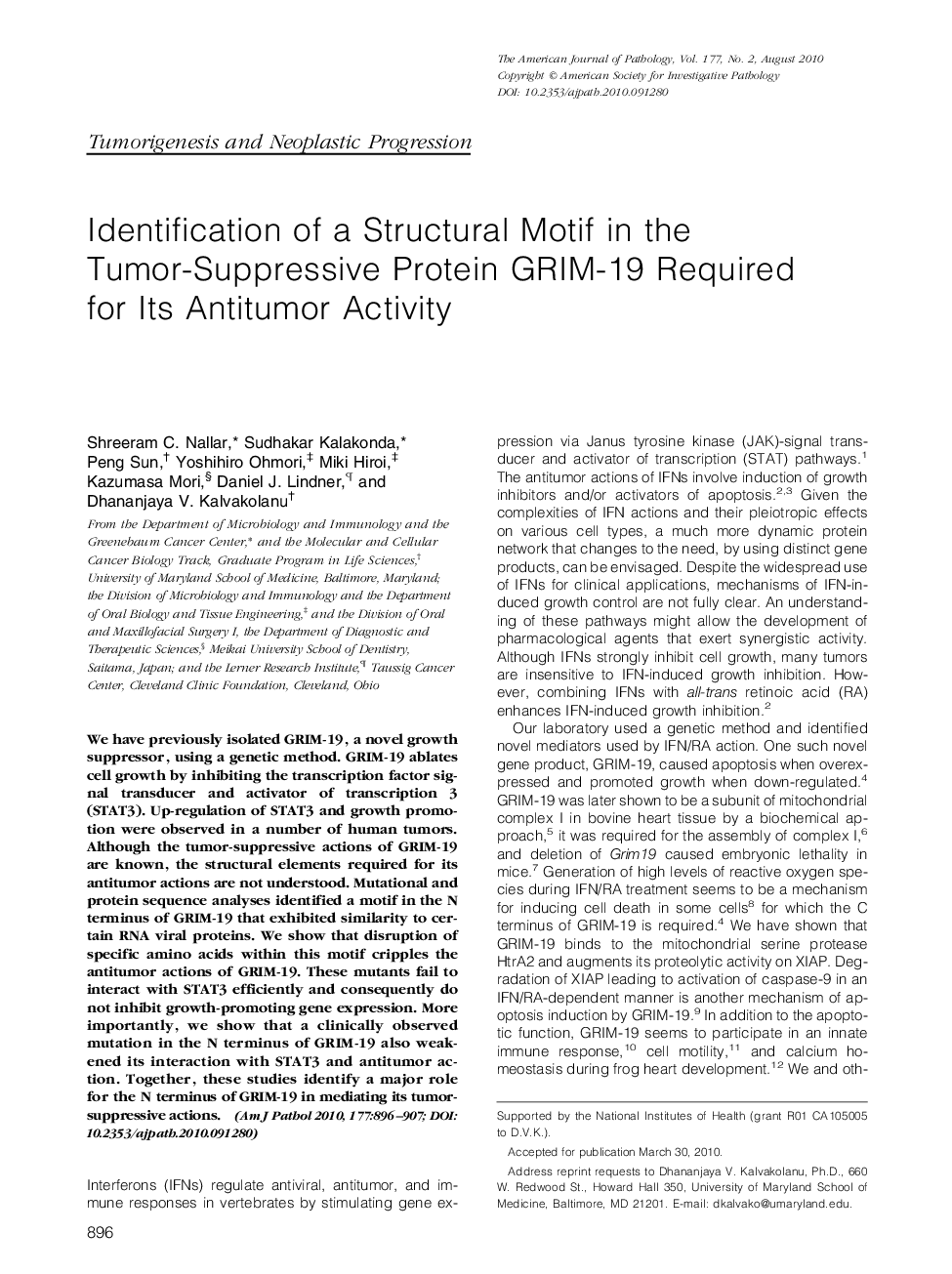 Identification of a Structural Motif in the Tumor-Suppressive Protein GRIM-19 Required for Its Antitumor Activity