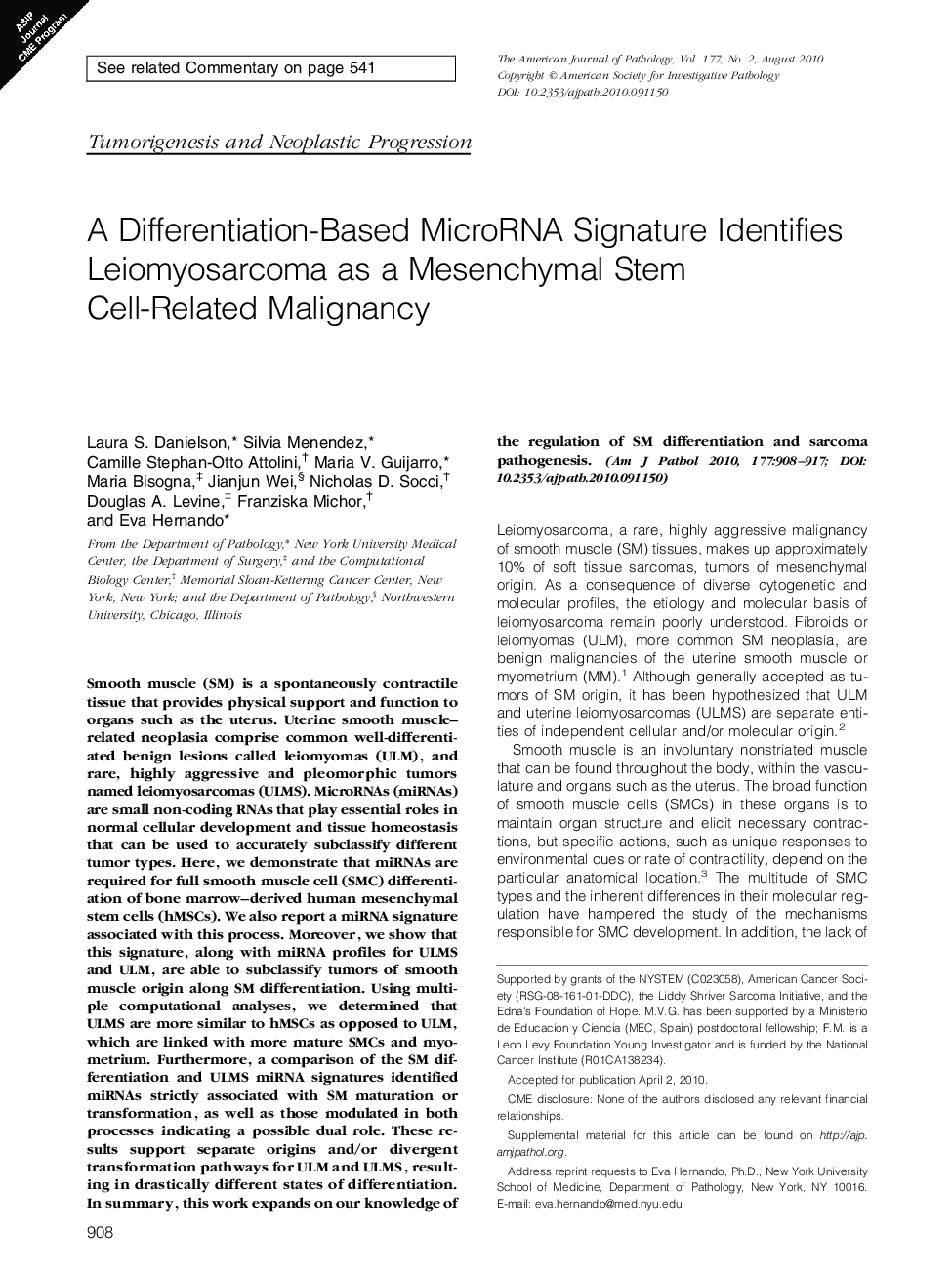 A Differentiation-Based MicroRNA Signature Identifies Leiomyosarcoma as a Mesenchymal Stem Cell-Related Malignancy