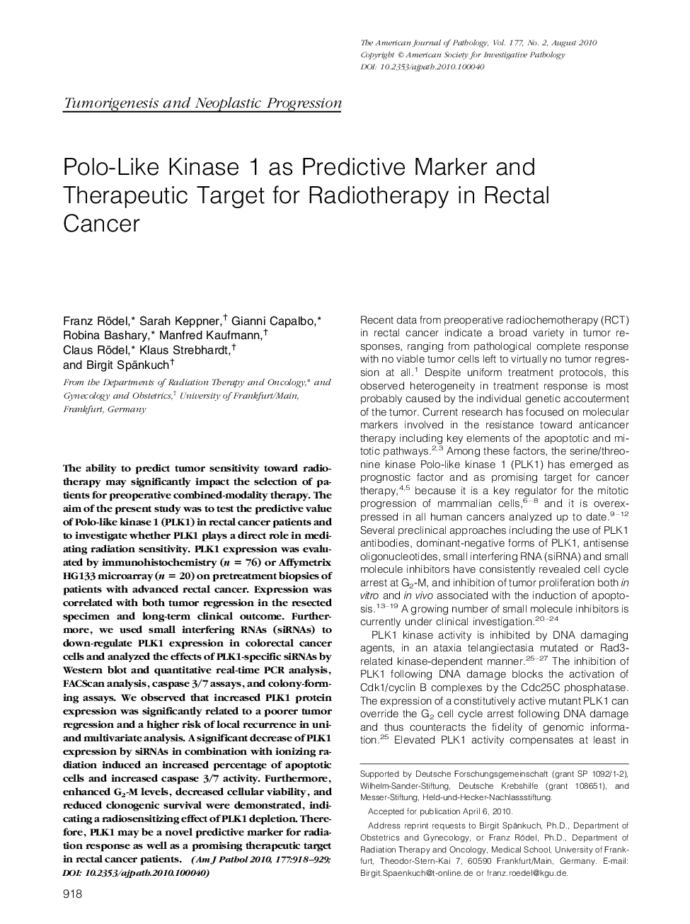 Polo-Like Kinase 1 as Predictive Marker and Therapeutic Target for Radiotherapy in Rectal Cancer