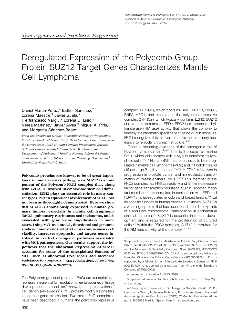 Deregulated Expression of the Polycomb-Group Protein SUZ12 Target Genes Characterizes Mantle Cell Lymphoma