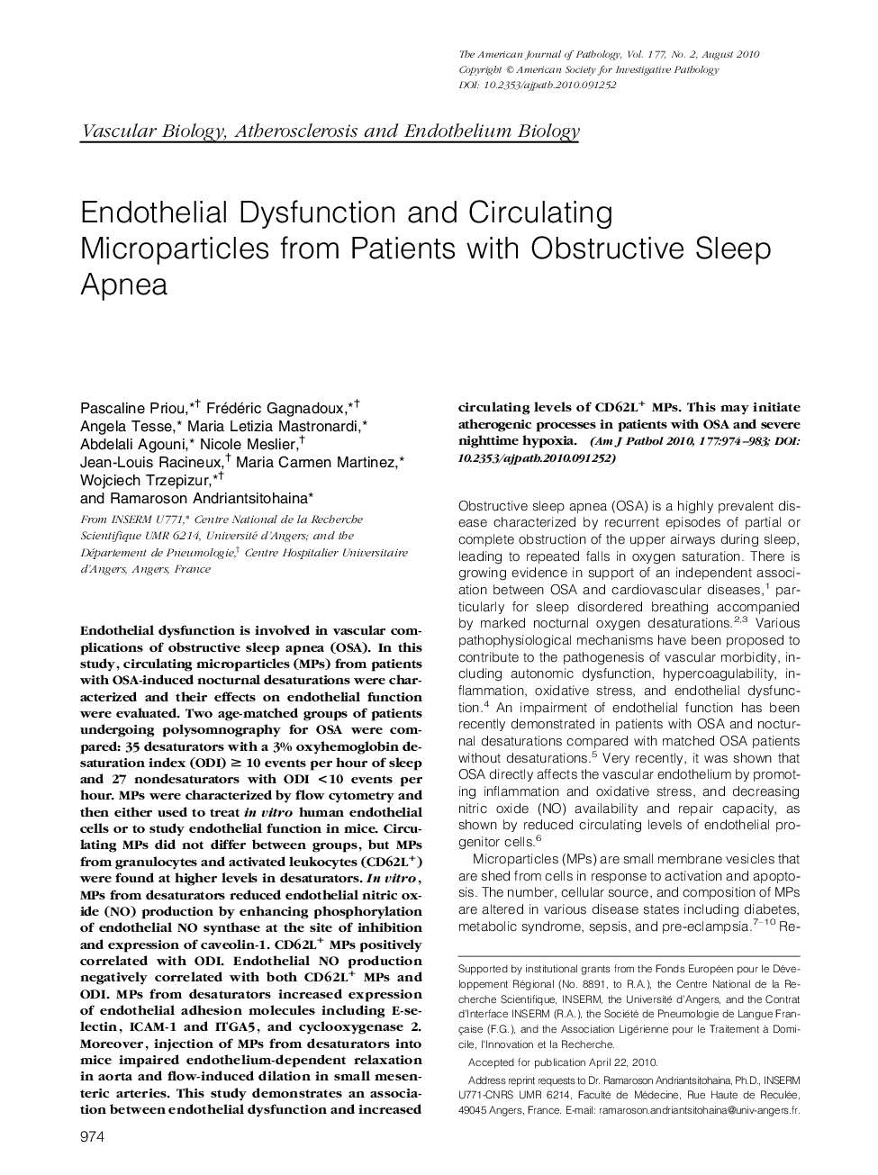 Endothelial Dysfunction and Circulating Microparticles from Patients with Obstructive Sleep Apnea