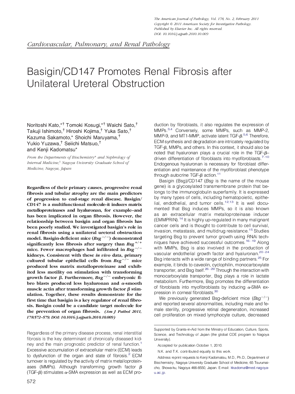 Basigin/CD147 Promotes Renal Fibrosis after Unilateral Ureteral Obstruction