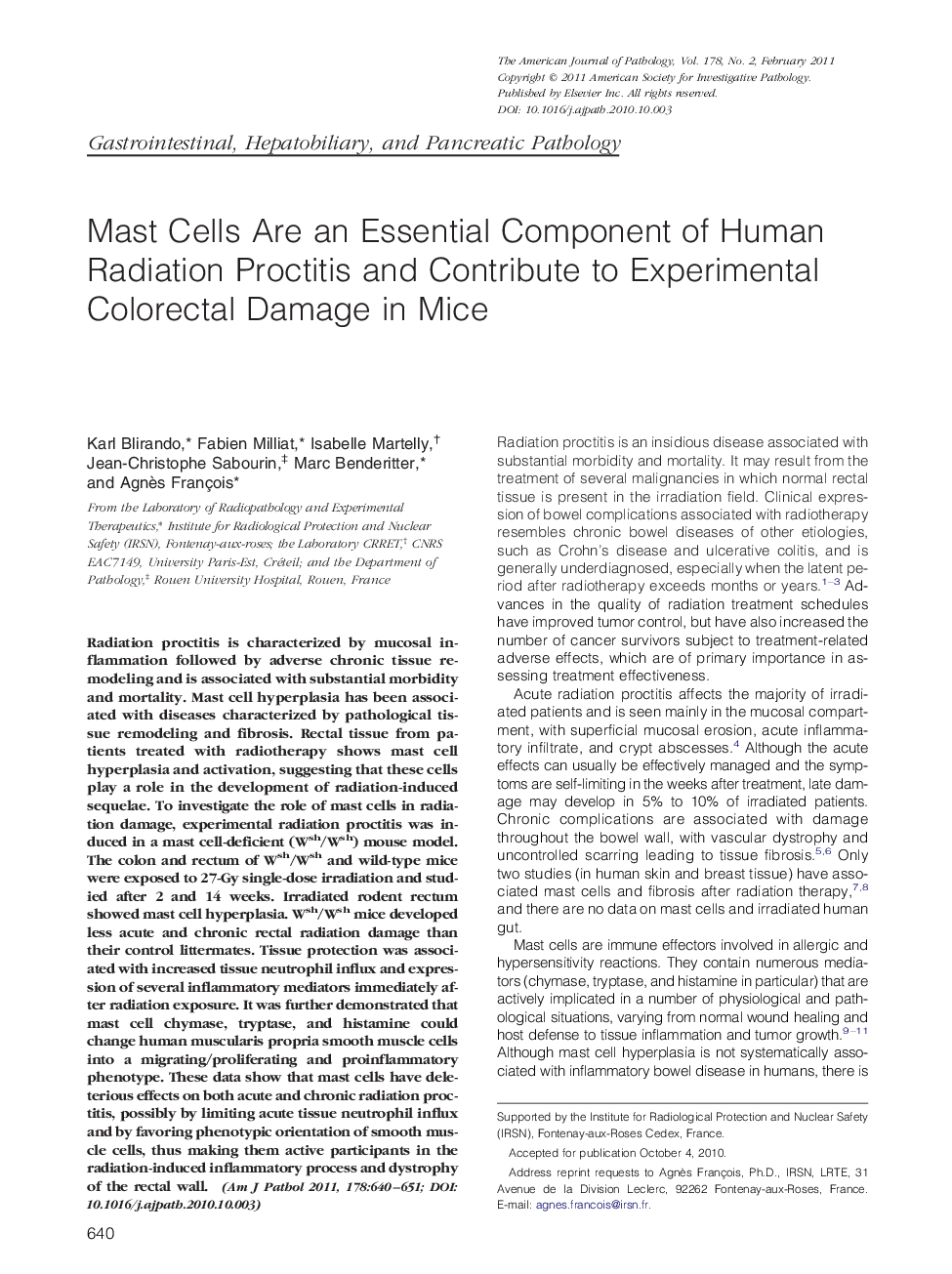 Regular articleGastrointestinal, hepatobiliary, and pancreatic pathologyMast Cells Are an Essential Component of Human Radiation Proctitis and Contribute to Experimental Colorectal Damage in Mice