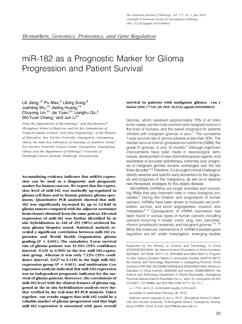 miR-182 as a Prognostic Marker for Glioma Progression and Patient Survival