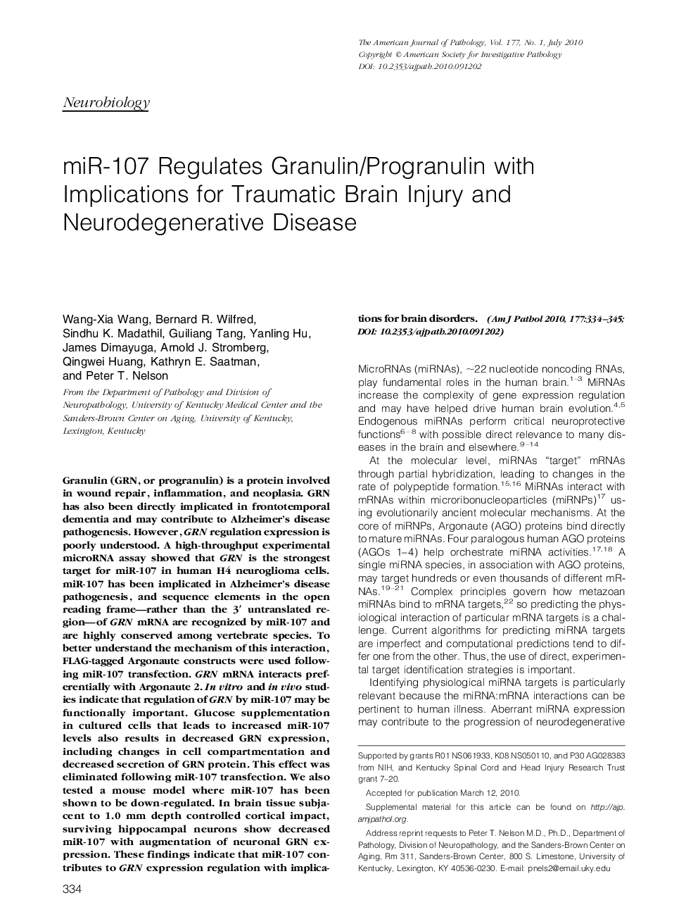 miR-107 Regulates Granulin/Progranulin with Implications for Traumatic Brain Injury and Neurodegenerative Disease