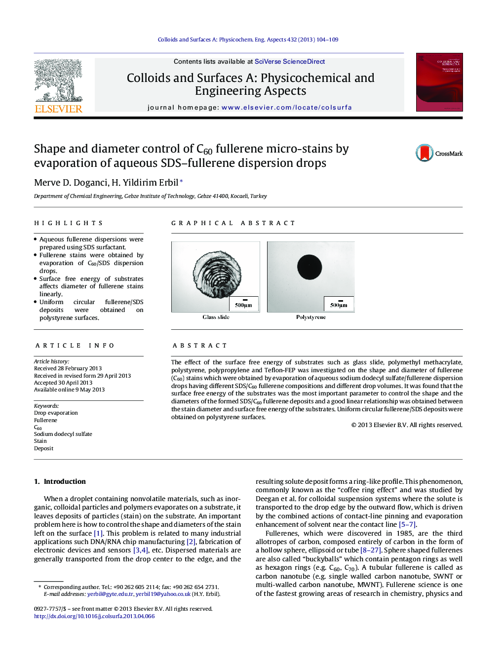 Shape and diameter control of C60 fullerene micro-stains by evaporation of aqueous SDS-fullerene dispersion drops