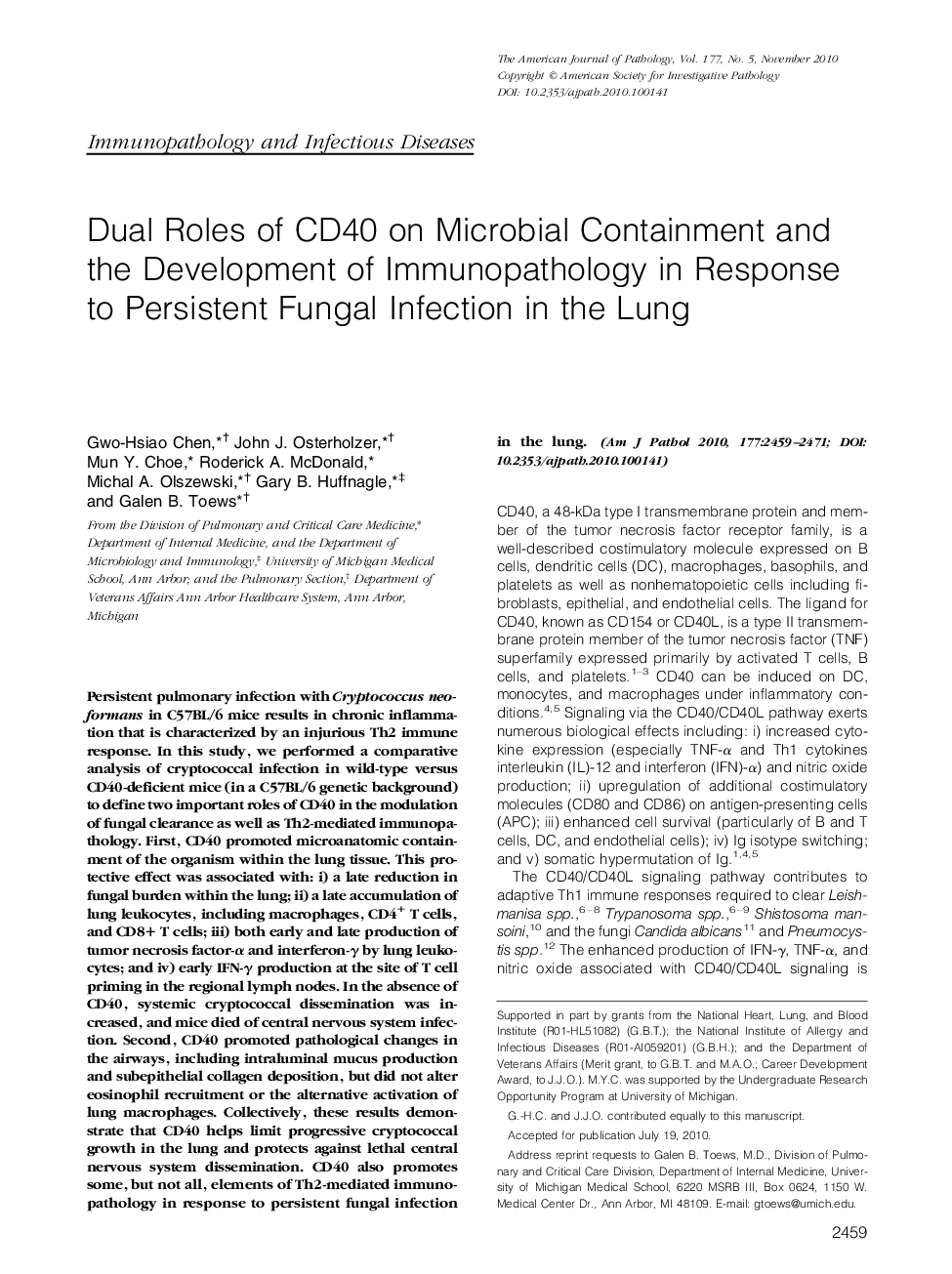 Dual Roles of CD40 on Microbial Containment and the Development of Immunopathology in Response to Persistent Fungal Infection in the Lung