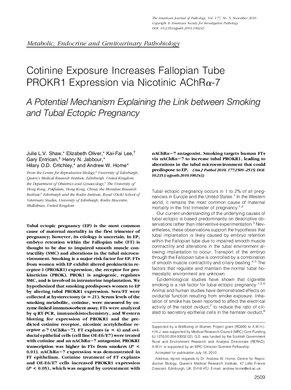 Cotinine Exposure Increases Fallopian Tube PROKR1 Expression via Nicotinic AChRÎ±-7