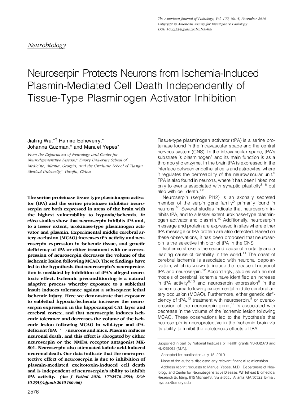 Neuroserpin Protects Neurons from Ischemia-Induced Plasmin-Mediated Cell Death Independently of Tissue-Type Plasminogen Activator Inhibition