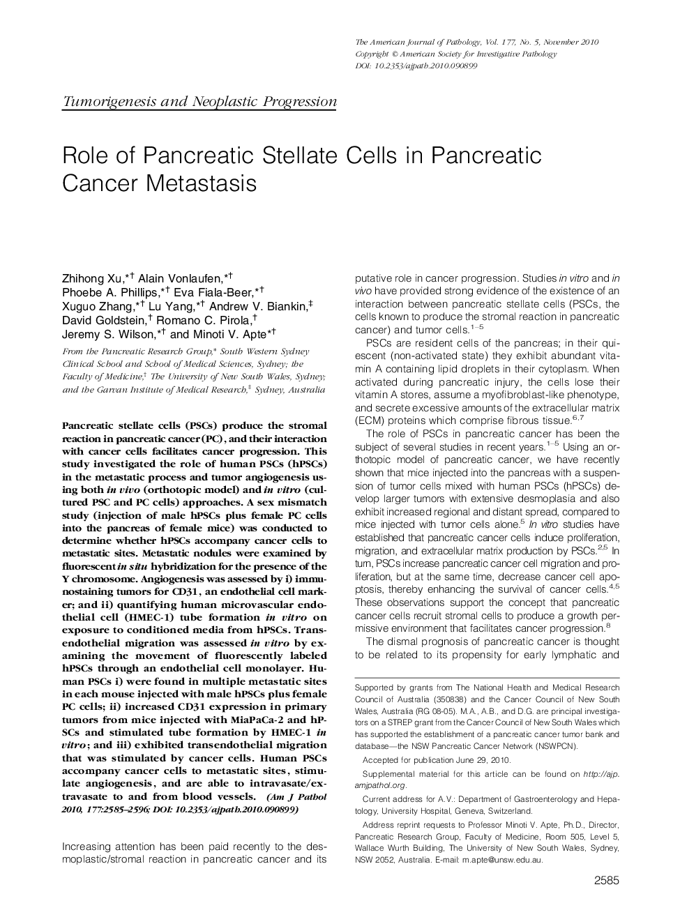 Role of Pancreatic Stellate Cells in Pancreatic Cancer Metastasis