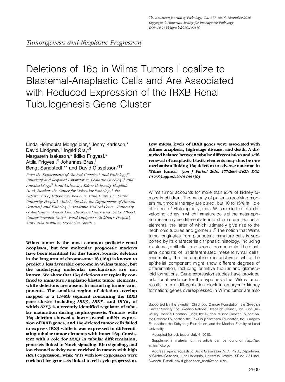 Deletions of 16q in Wilms Tumors Localize to Blastemal-Anaplastic Cells and Are Associated with Reduced Expression of the IRXB Renal Tubulogenesis Gene Cluster