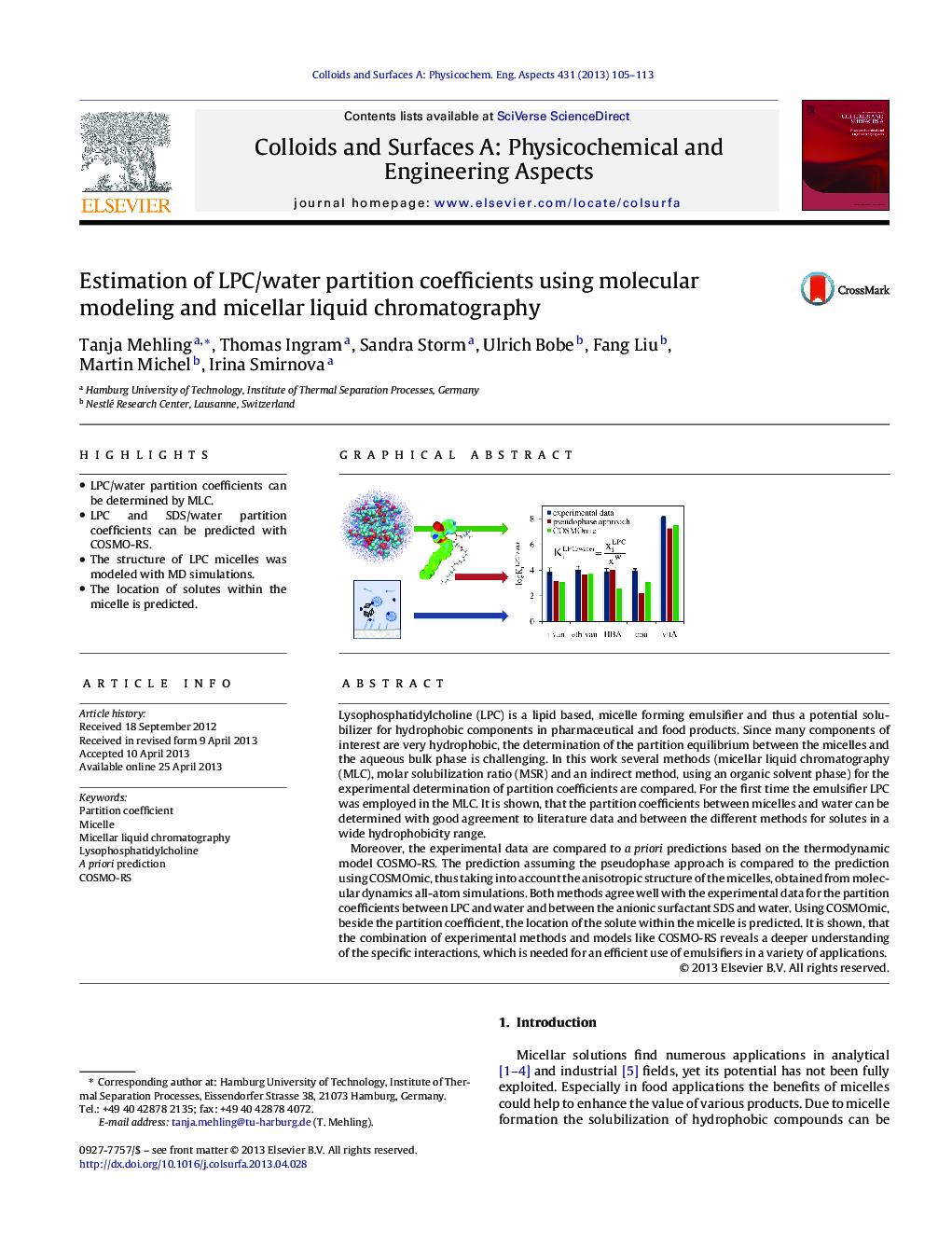 Estimation of LPC/water partition coefficients using molecular modeling and micellar liquid chromatography