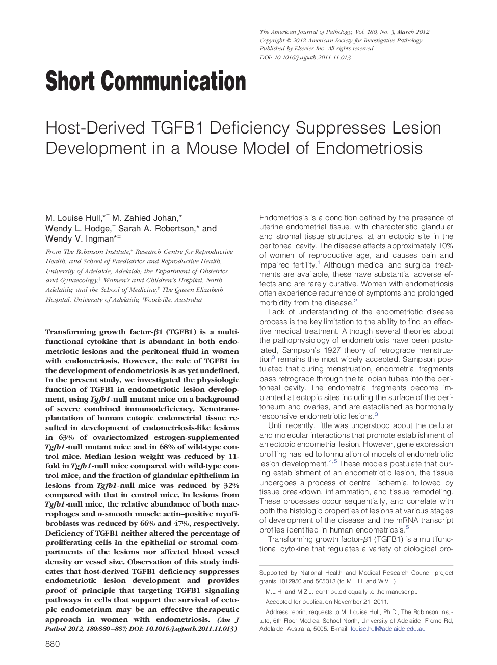 Host-Derived TGFB1 Deficiency Suppresses Lesion Development in a Mouse Model of Endometriosis