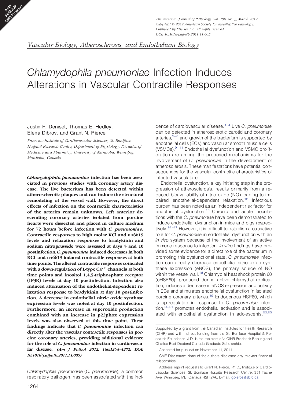 Chlamydophila pneumoniae Infection Induces Alterations in Vascular Contractile Responses