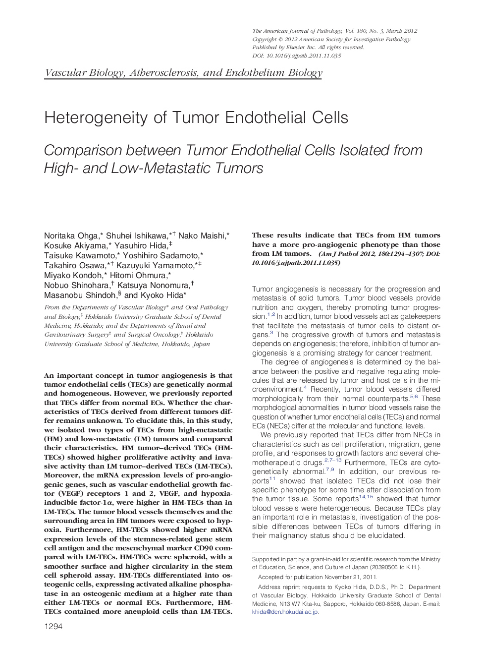 Heterogeneity of Tumor Endothelial Cells