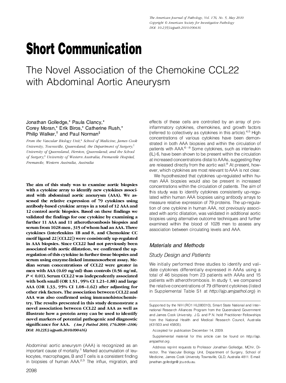 The Novel Association of the Chemokine CCL22 with Abdominal Aortic Aneurysm