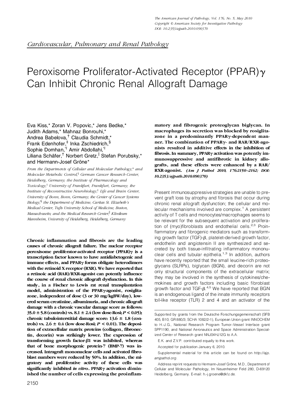 Peroxisome Proliferator-Activated Receptor (PPAR)Î³ Can Inhibit Chronic Renal Allograft Damage