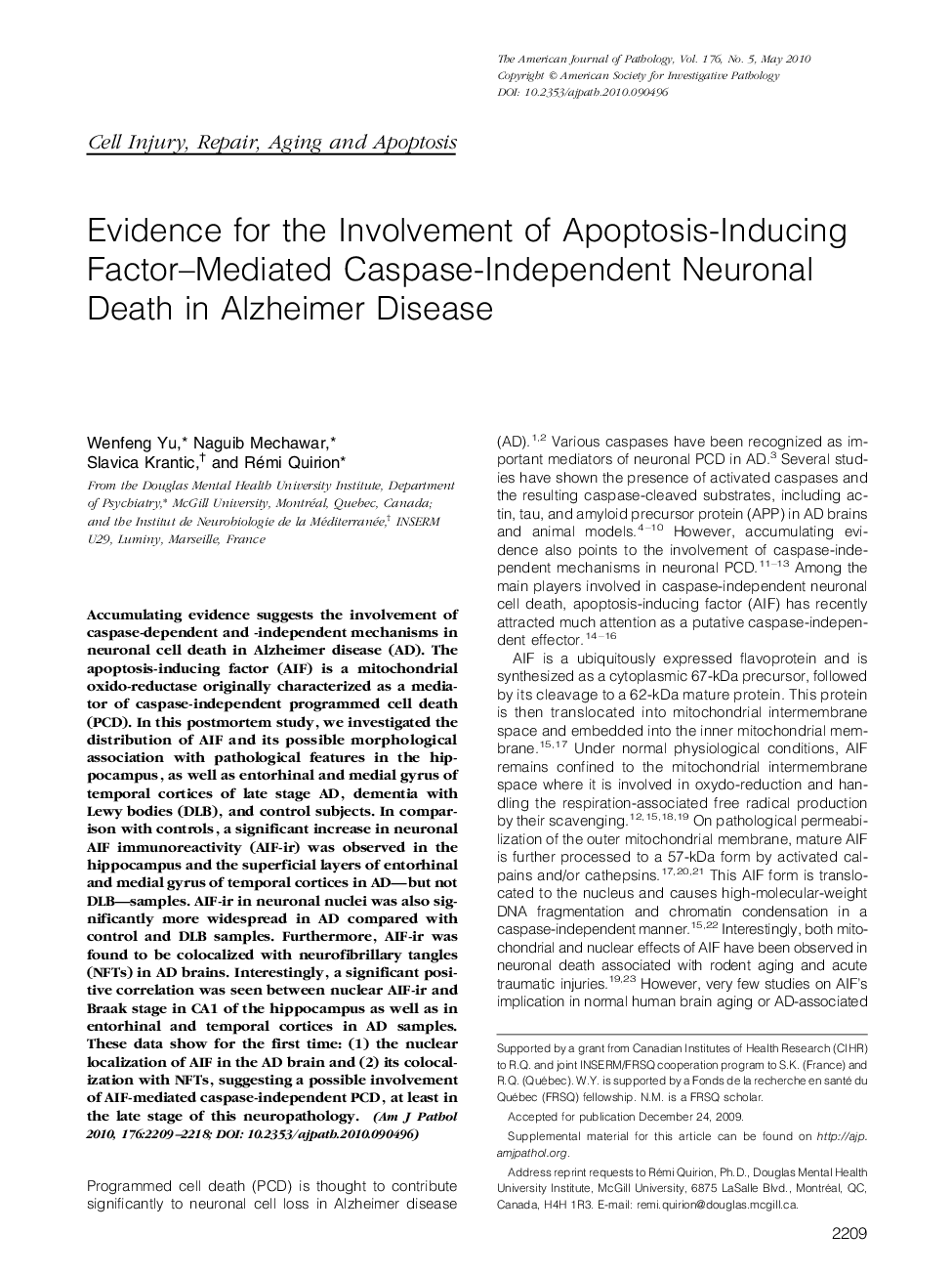 Evidence for the Involvement of Apoptosis-Inducing Factor-Mediated Caspase-Independent Neuronal Death in Alzheimer Disease