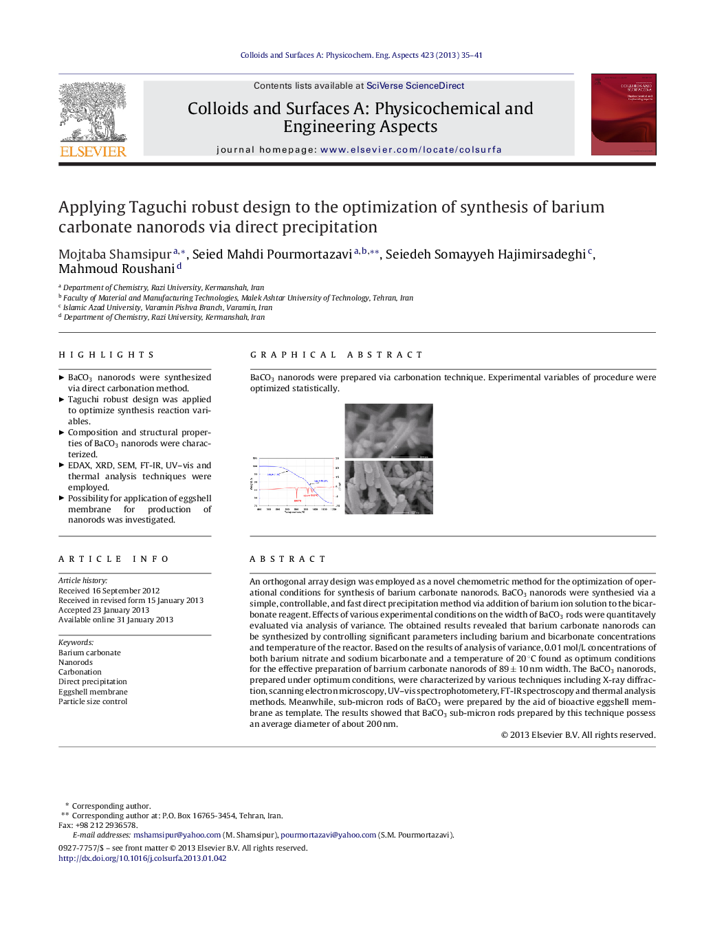 Applying Taguchi robust design to the optimization of synthesis of barium carbonate nanorods via direct precipitation