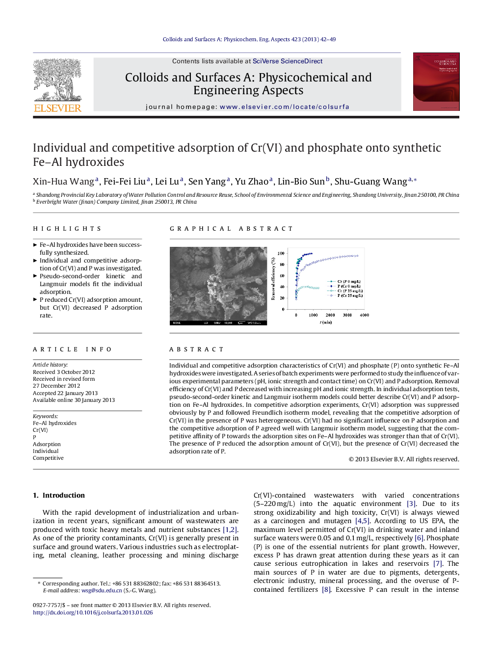 Individual and competitive adsorption of Cr(VI) and phosphate onto synthetic Fe–Al hydroxides