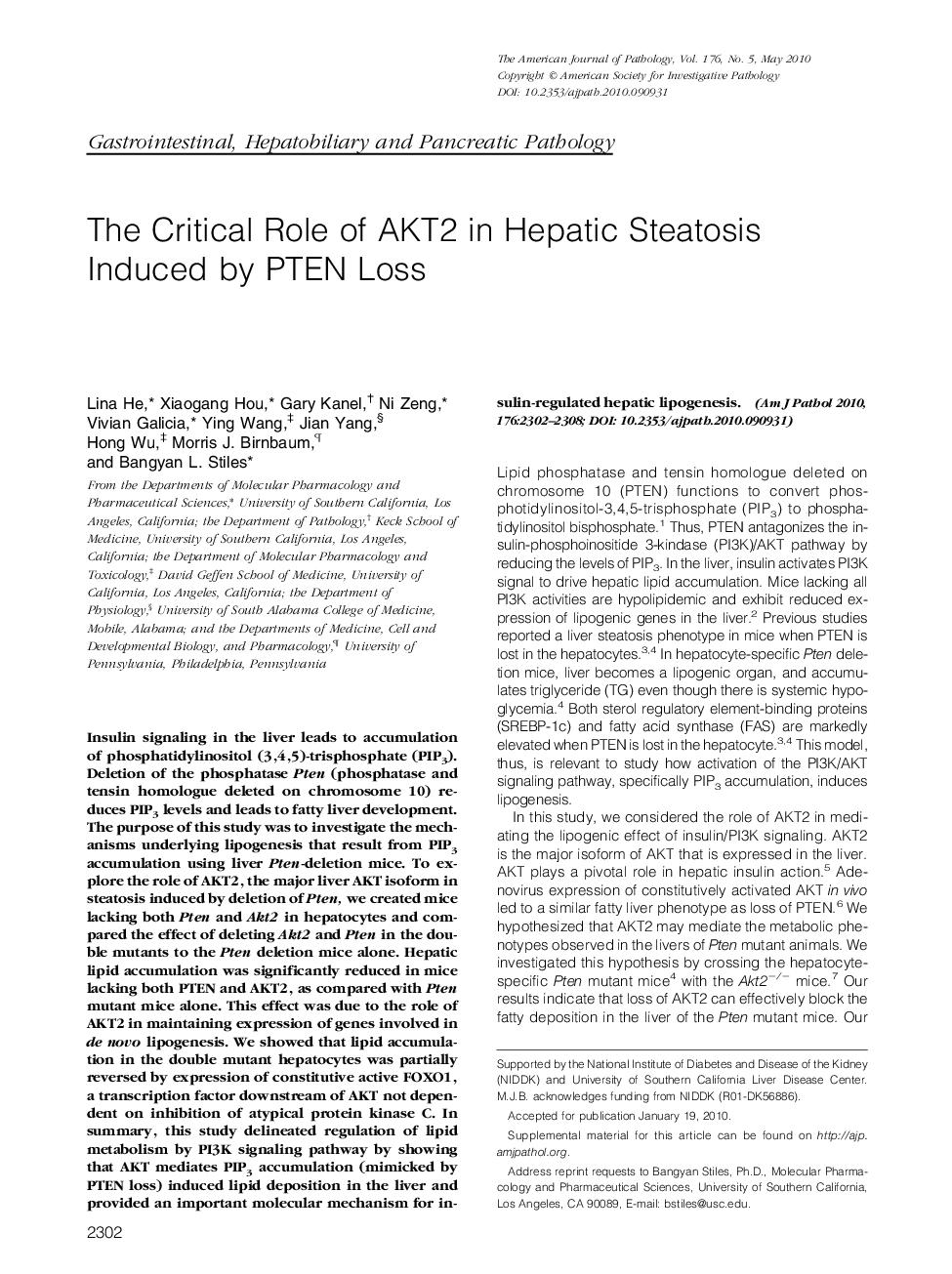 The Critical Role of AKT2 in Hepatic Steatosis Induced by PTEN Loss