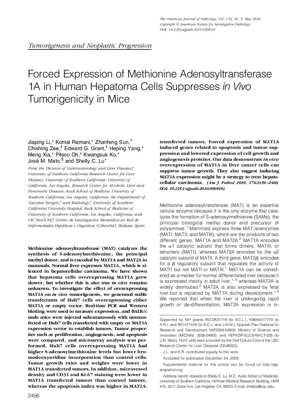 Forced Expression of Methionine Adenosyltransferase 1A in Human Hepatoma Cells Suppresses in Vivo Tumorigenicity in Mice