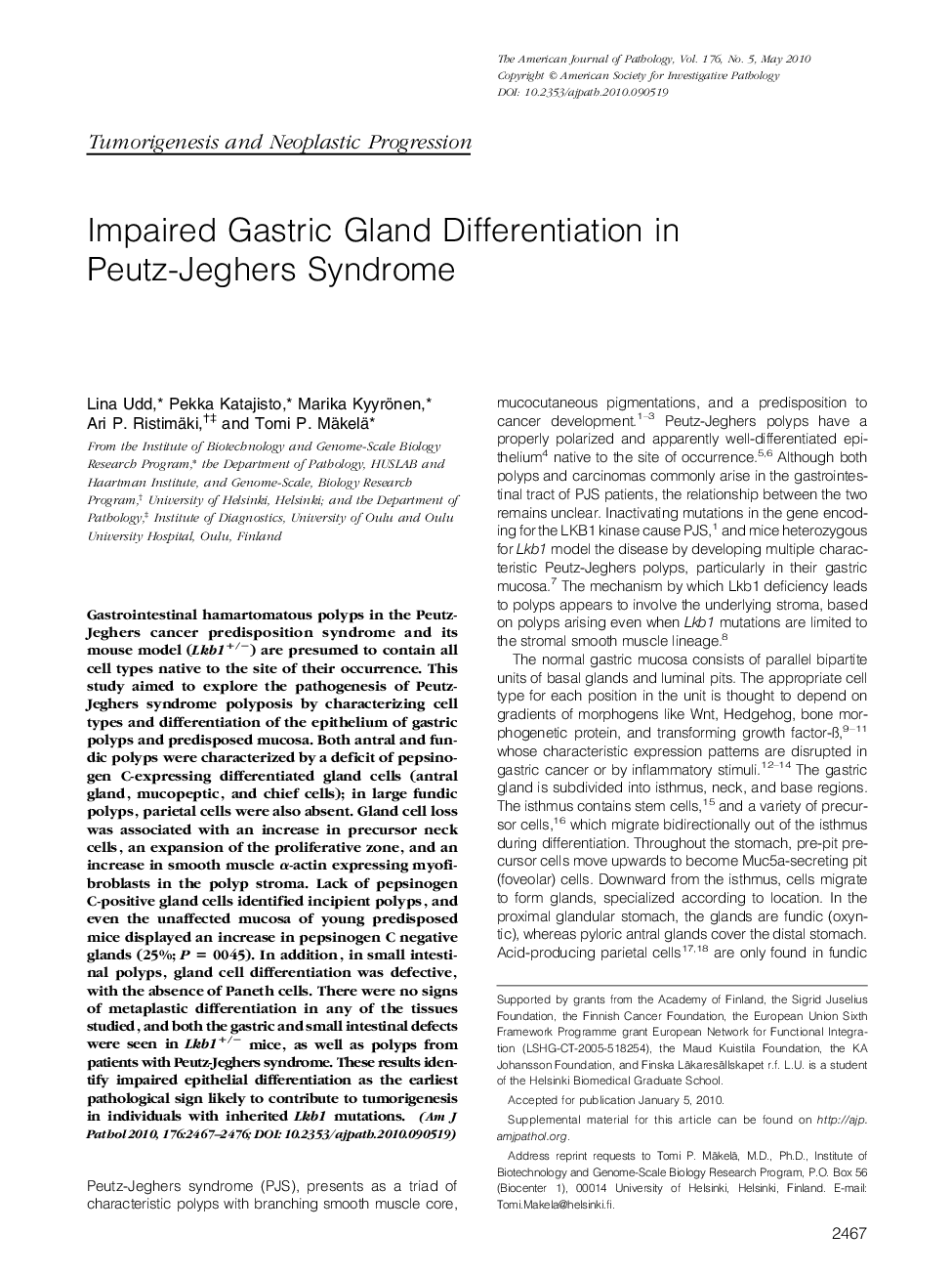Regular ArticlesImpaired Gastric Gland Differentiation in Peutz-Jeghers Syndrome