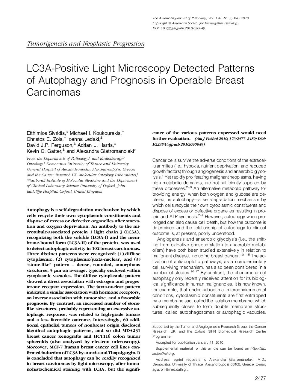 LC3A-Positive Light Microscopy Detected Patterns of Autophagy and Prognosis in Operable Breast Carcinomas
