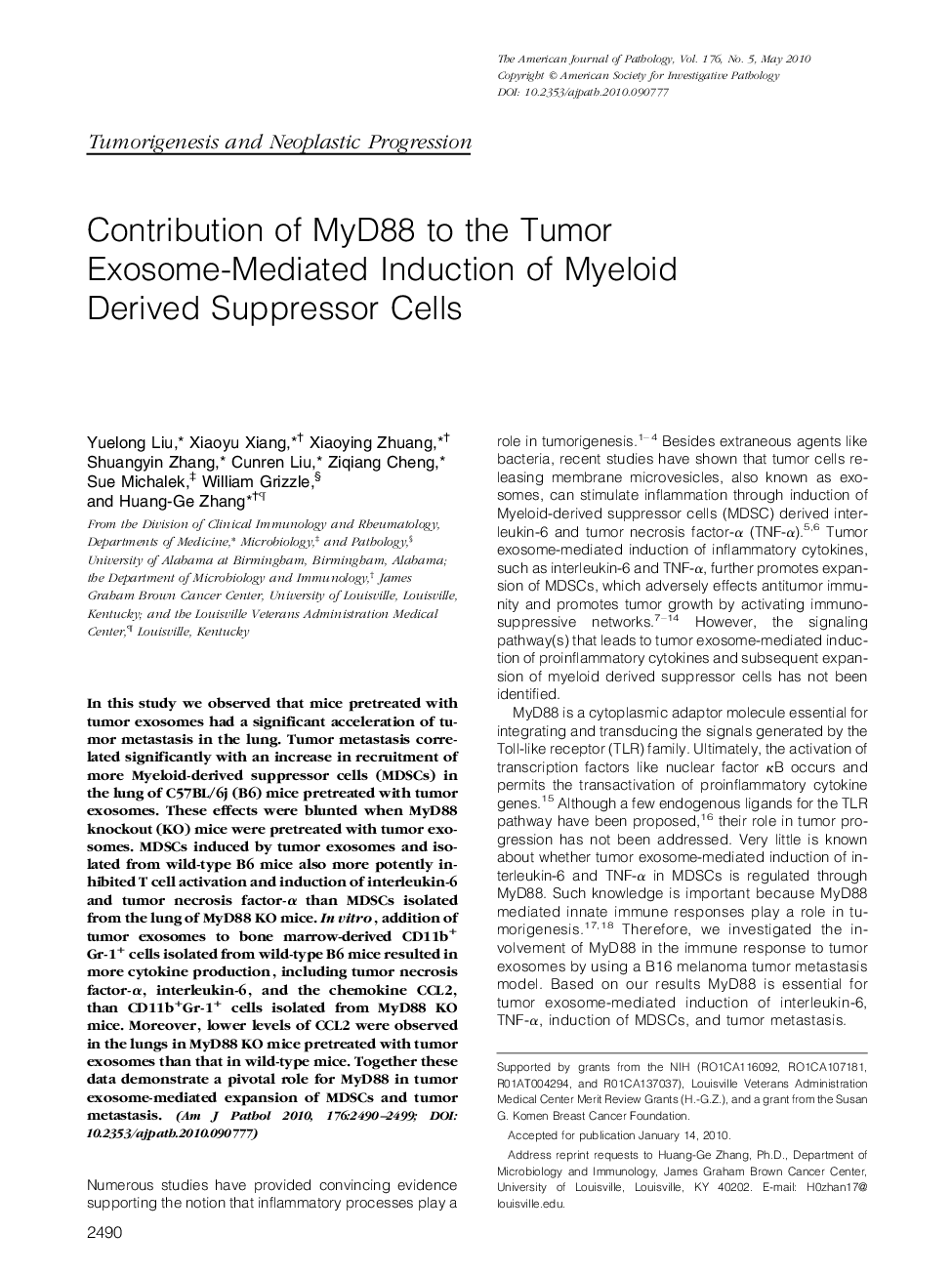 Contribution of MyD88 to the Tumor Exosome-Mediated Induction of Myeloid Derived Suppressor Cells