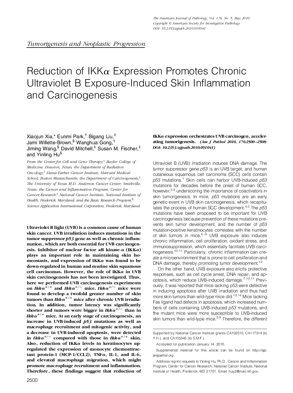Reduction of IKKÎ± Expression Promotes Chronic Ultraviolet B Exposure-Induced Skin Inflammation and Carcinogenesis
