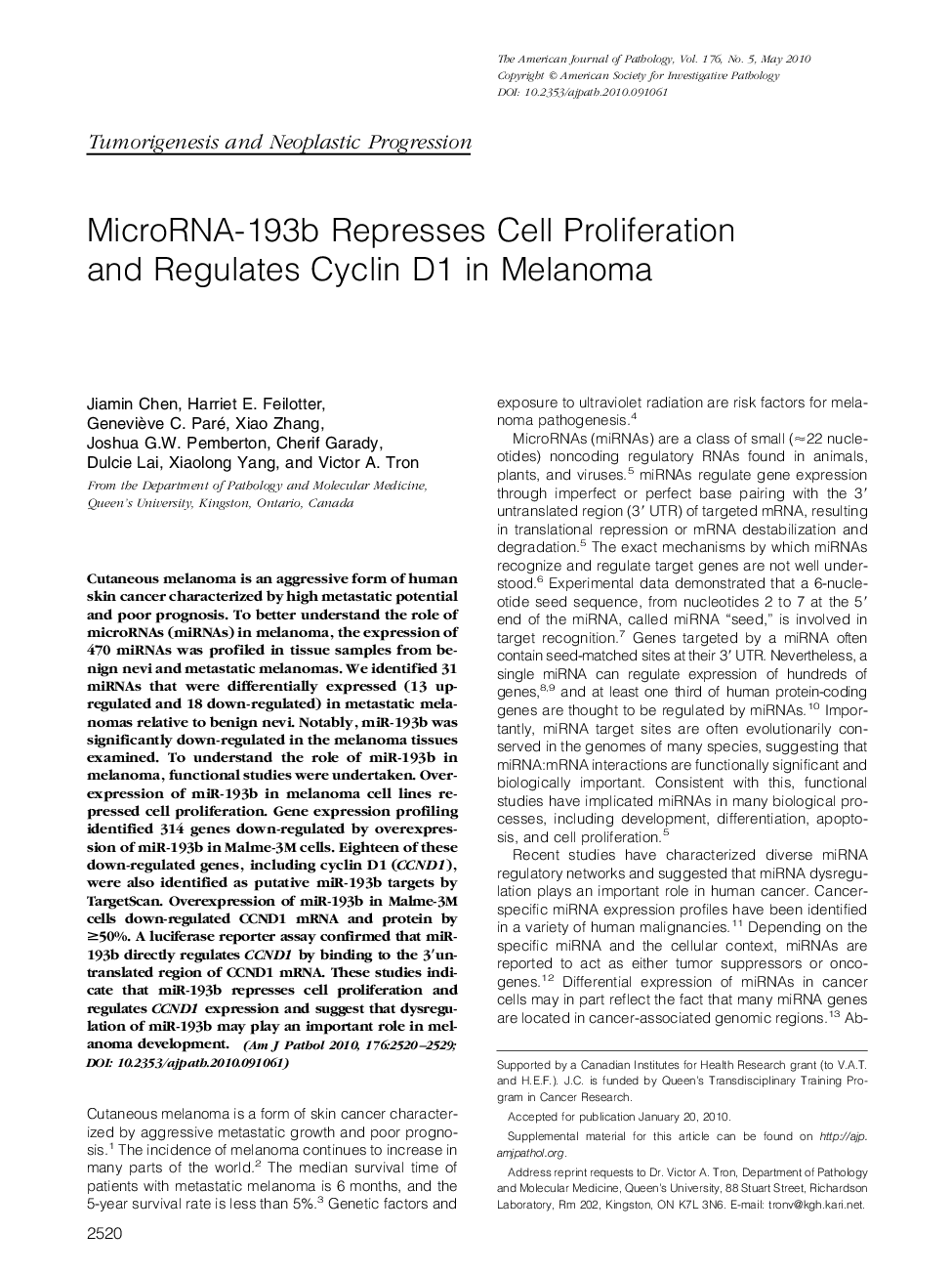 MicroRNA-193b Represses Cell Proliferation and Regulates Cyclin D1 in Melanoma