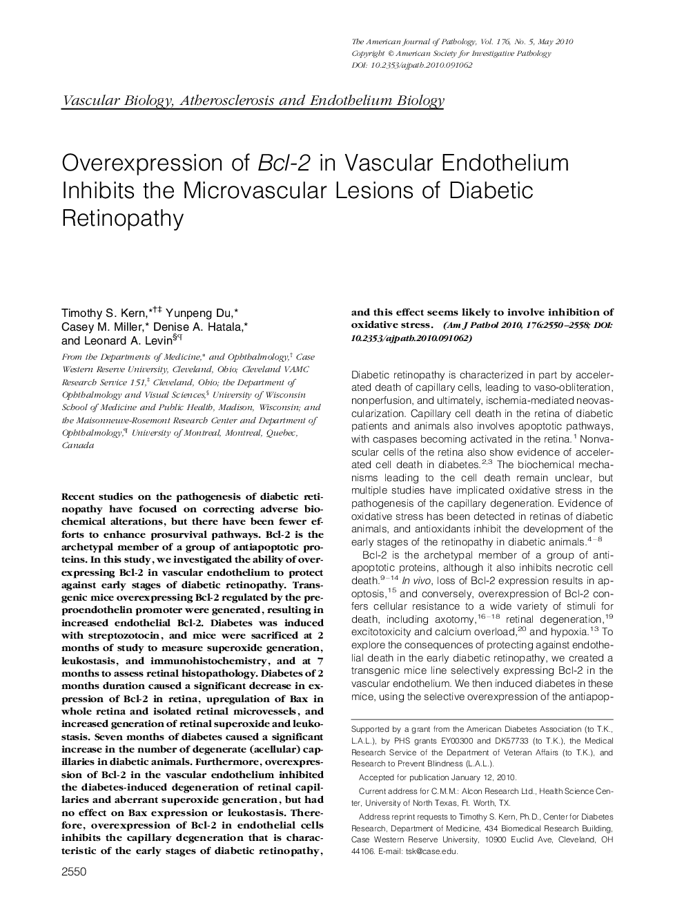 Regular ArticlesOverexpression of Bcl-2 in Vascular Endothelium Inhibits the Microvascular Lesions of Diabetic Retinopathy